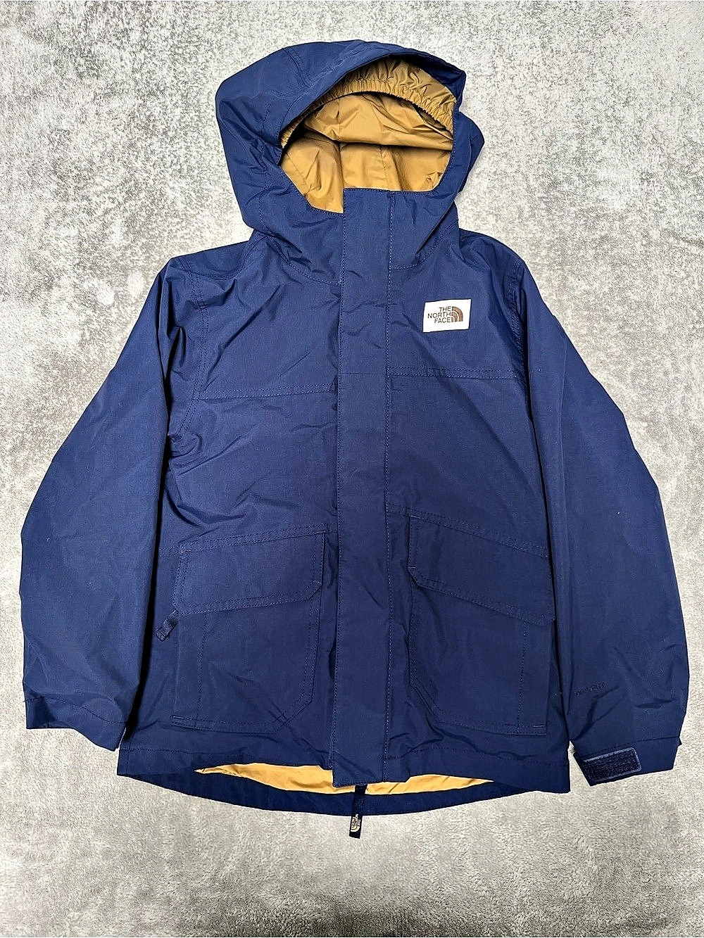 The North Face Boys 7/8 Blue & Yellow Ski Jacket with fleece sweater inside